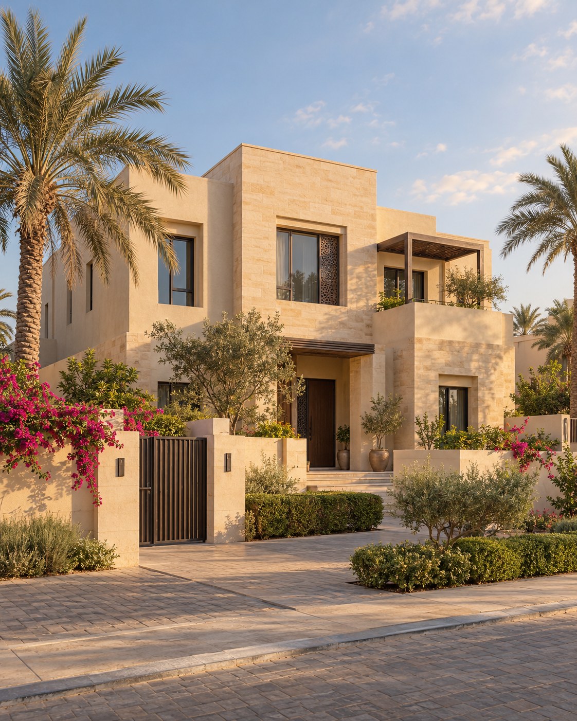 Illustrative Emirati villa with warm stone, palms and bougainvillea in evening light